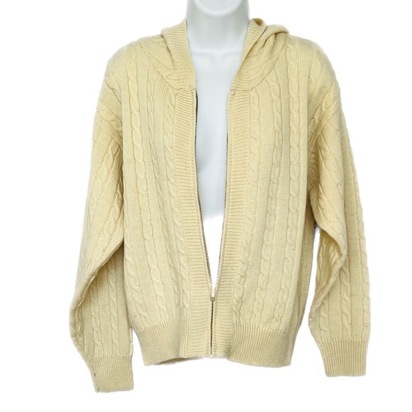 Cabin Creek Sweater Cable Knit Zip Up Cardigan Size M Hood Soft Beige Wool - Picture 2 of 4